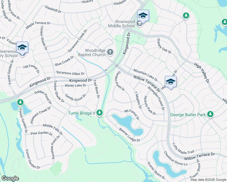 map of restaurants, bars, coffee shops, grocery stores, and more near Rushing River Drive in Houston