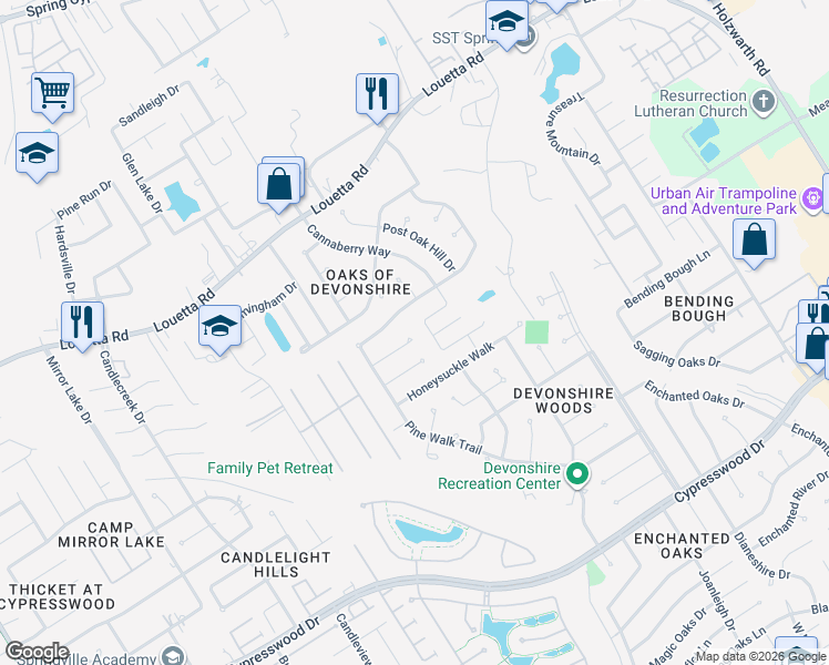 map of restaurants, bars, coffee shops, grocery stores, and more near 2702 Alderleaf Place in Spring