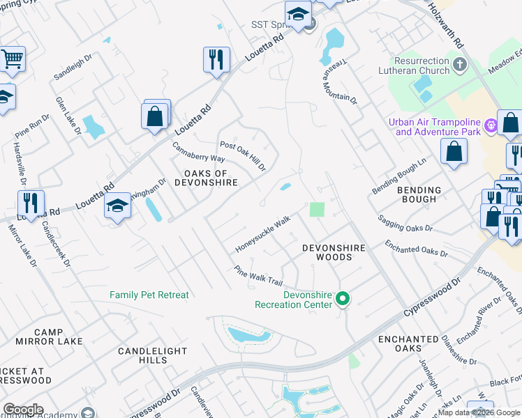 map of restaurants, bars, coffee shops, grocery stores, and more near 20325 Budde Cemetary Road in Spring