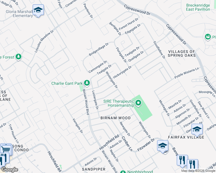 map of restaurants, bars, coffee shops, grocery stores, and more near 4527 Mossygate Drive in Spring
