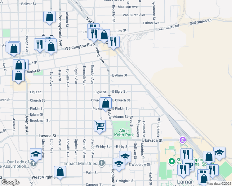 map of restaurants, bars, coffee shops, grocery stores, and more near 220 East Elgie Street in Beaumont