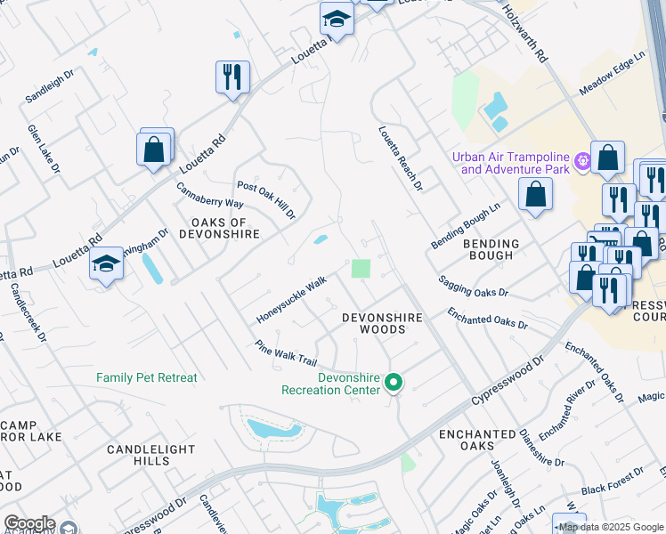 map of restaurants, bars, coffee shops, grocery stores, and more near 2522 Honeysuckle Walk in Spring
