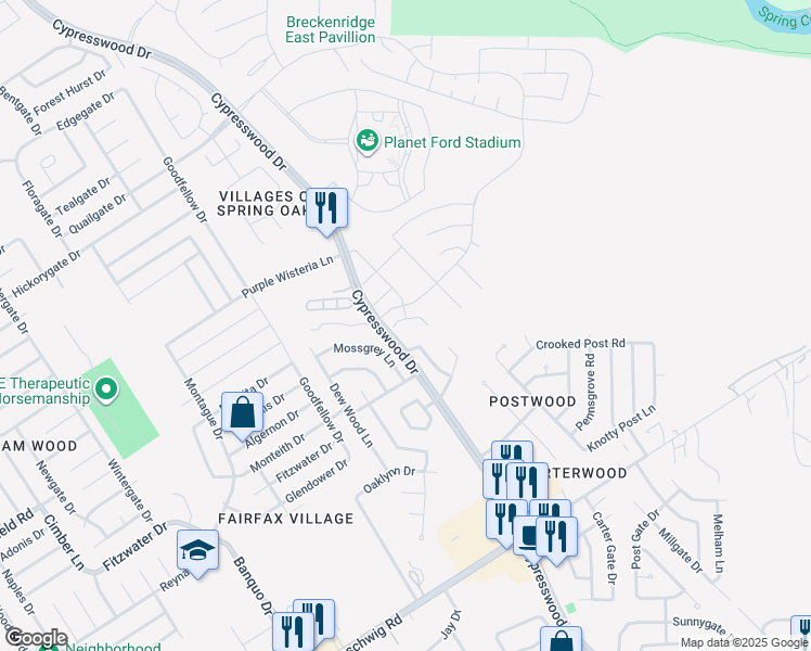 map of restaurants, bars, coffee shops, grocery stores, and more near 23222 Postwood Park Lane in Spring