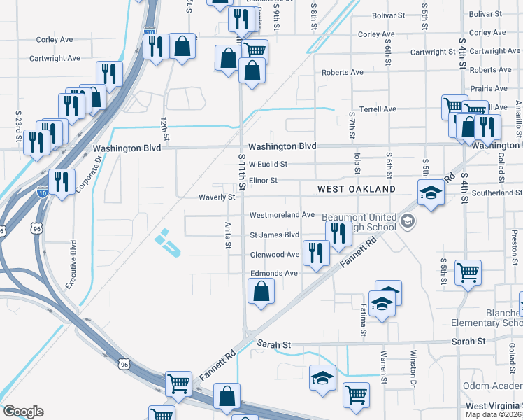 map of restaurants, bars, coffee shops, grocery stores, and more near 3502 Westmoreland Avenue in Beaumont