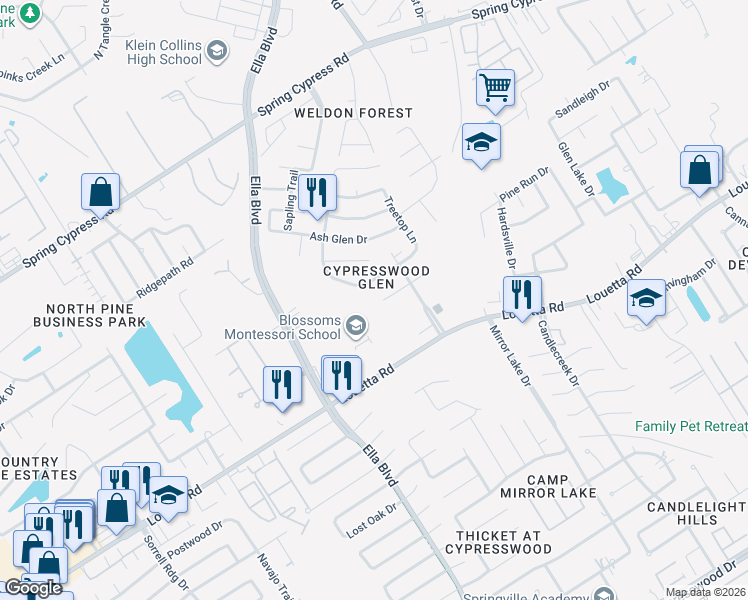 map of restaurants, bars, coffee shops, grocery stores, and more near 3626 Walnut Forest Lane in Spring