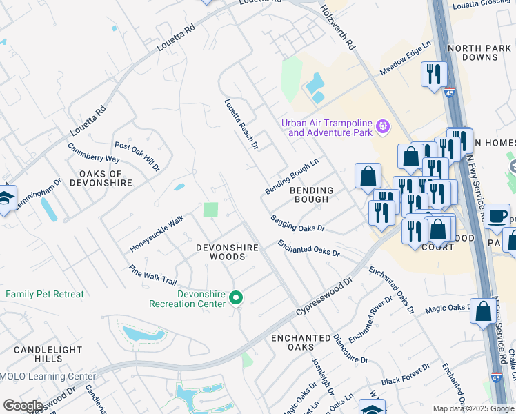 map of restaurants, bars, coffee shops, grocery stores, and more near 19907 Sagging Oaks Drive in Spring