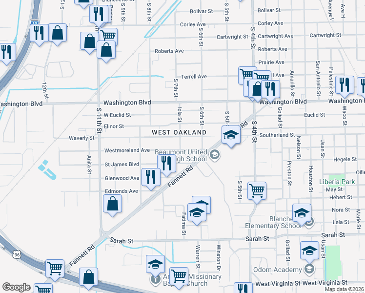 map of restaurants, bars, coffee shops, grocery stores, and more near 3198 Westmoreland Avenue in Beaumont