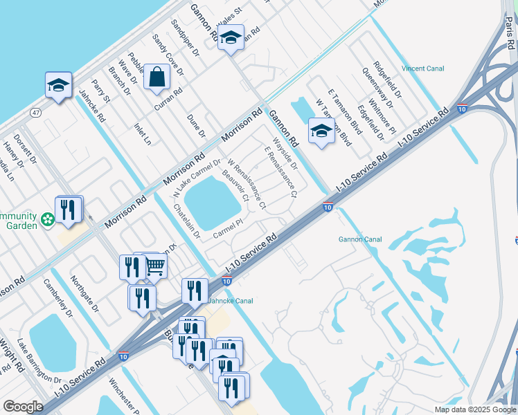 map of restaurants, bars, coffee shops, grocery stores, and more near 7050 West Renaissance Court in New Orleans