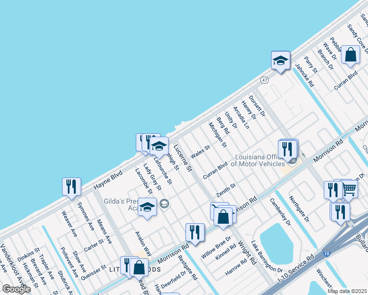 map of restaurants, bars, coffee shops, grocery stores, and more near 8000 Mackenzie Street in New Orleans