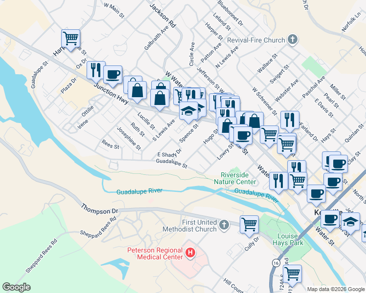map of restaurants, bars, coffee shops, grocery stores, and more near 318 Surber Street in Kerrville