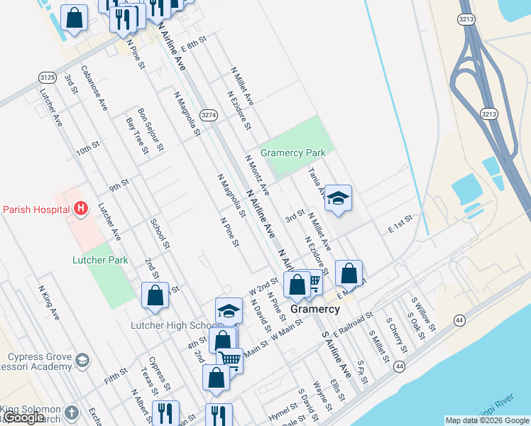 map of restaurants, bars, coffee shops, grocery stores, and more near 326 North Airline Avenue in Gramercy