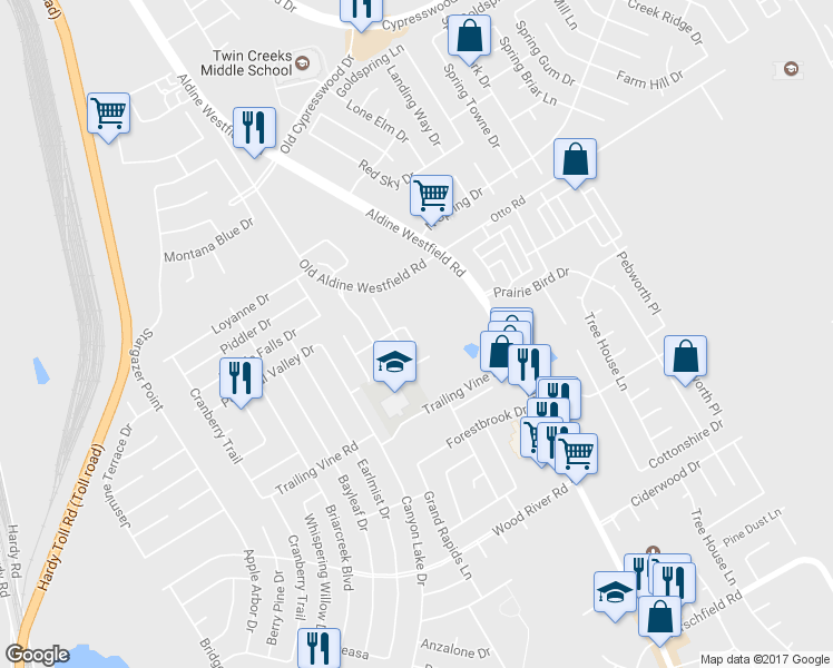 map of restaurants, bars, coffee shops, grocery stores, and more near 23514 Whispering Maple Drive in Spring