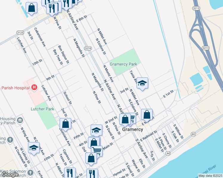 map of restaurants, bars, coffee shops, grocery stores, and more near 326 North Airline Avenue in Gramercy