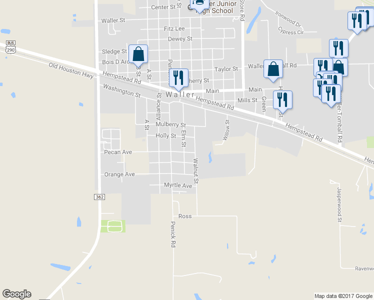 map of restaurants, bars, coffee shops, grocery stores, and more near 502 Elm Street in Waller
