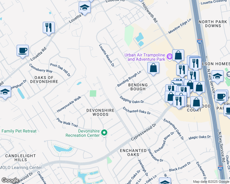 map of restaurants, bars, coffee shops, grocery stores, and more near 19907 Sagging Oaks Drive in Spring