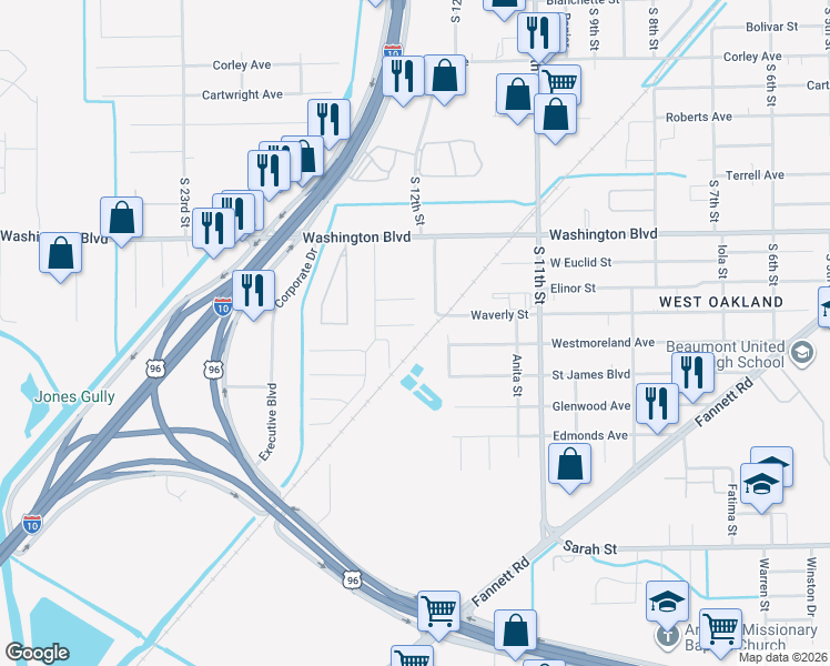 map of restaurants, bars, coffee shops, grocery stores, and more near 4005 Procter Street in Beaumont