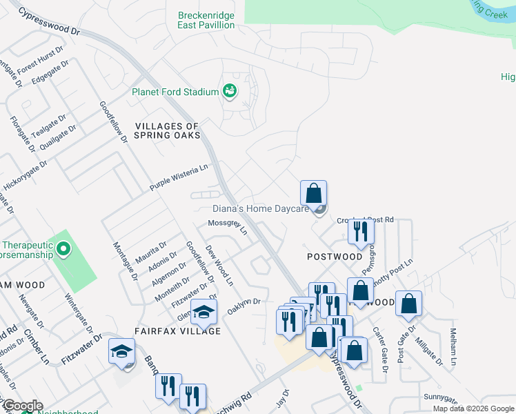 map of restaurants, bars, coffee shops, grocery stores, and more near 23222 Postwood Park Lane in Spring