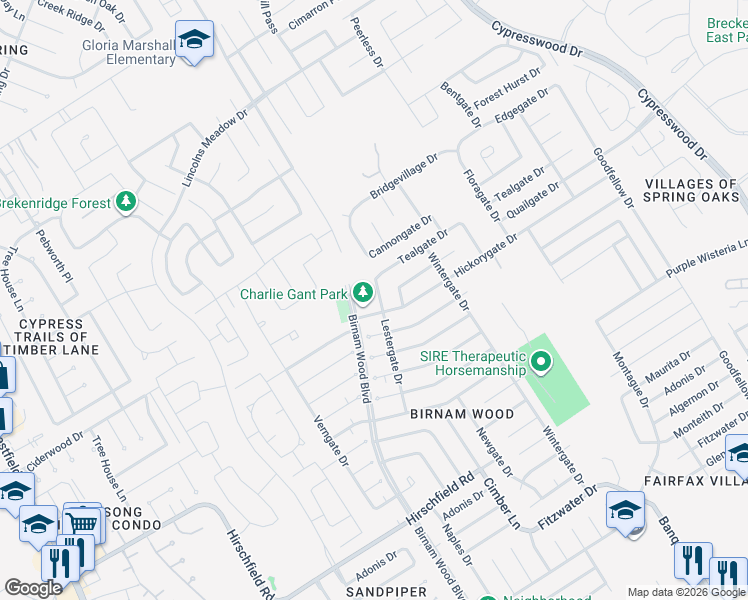 map of restaurants, bars, coffee shops, grocery stores, and more near 23823 Lestergate Drive in Spring