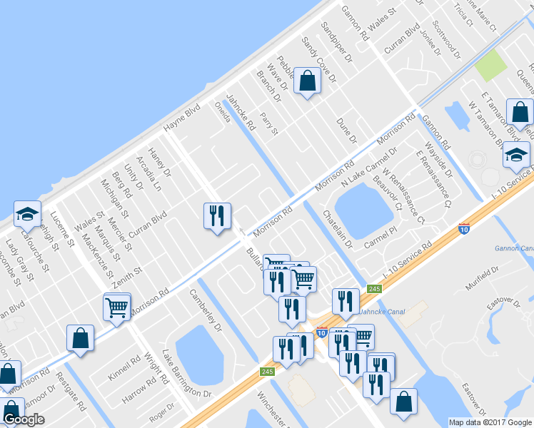 map of restaurants, bars, coffee shops, grocery stores, and more near 2 West Blue Ridge Court in New Orleans