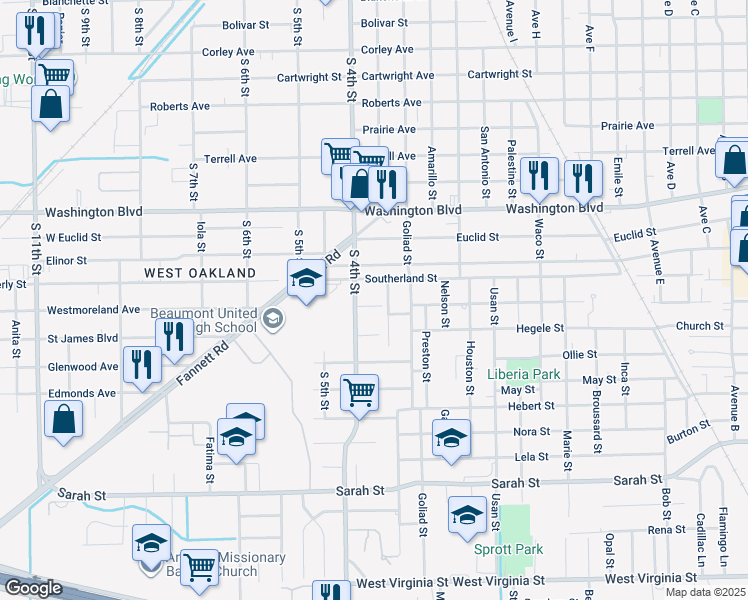 map of restaurants, bars, coffee shops, grocery stores, and more near 2830 Westmoreland Avenue in Beaumont