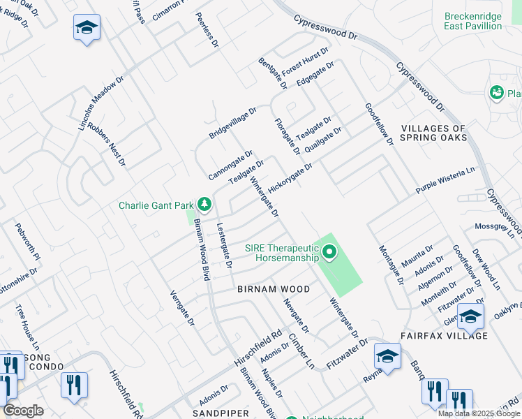map of restaurants, bars, coffee shops, grocery stores, and more near 4523 Mossygate Drive in Spring