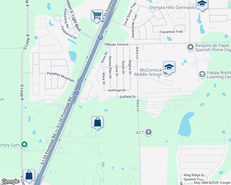 map of restaurants, bars, coffee shops, grocery stores, and more near 220 Hoffman Drive in Buda