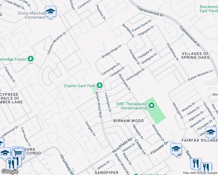 map of restaurants, bars, coffee shops, grocery stores, and more near 23823 Lestergate Drive in Spring