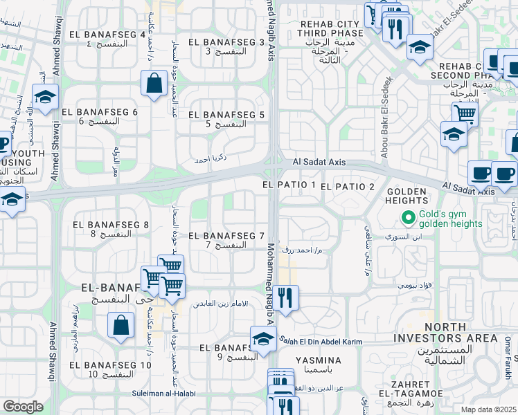 map of restaurants, bars, coffee shops, grocery stores, and more near in New Cairo 1