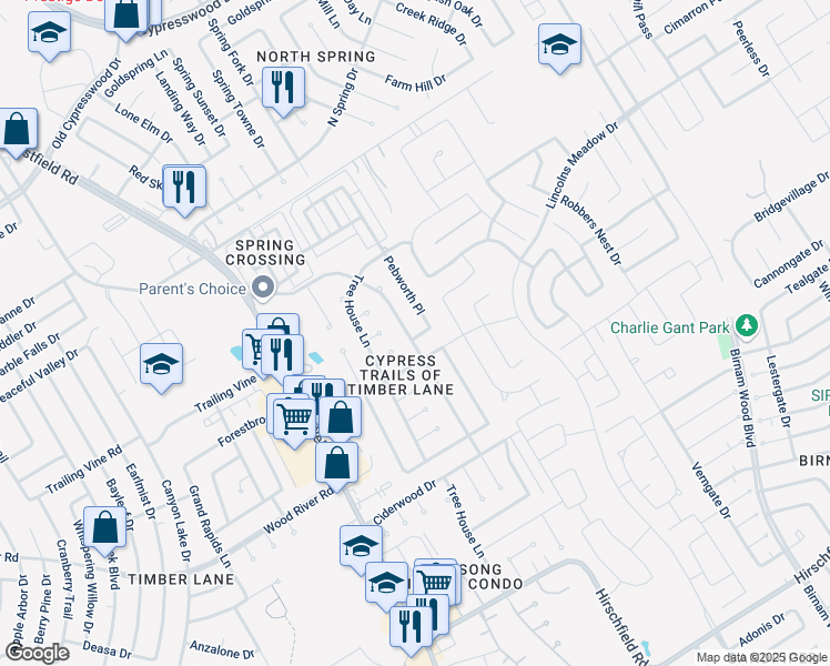 map of restaurants, bars, coffee shops, grocery stores, and more near 23426 Prairie Bird Drive in Spring