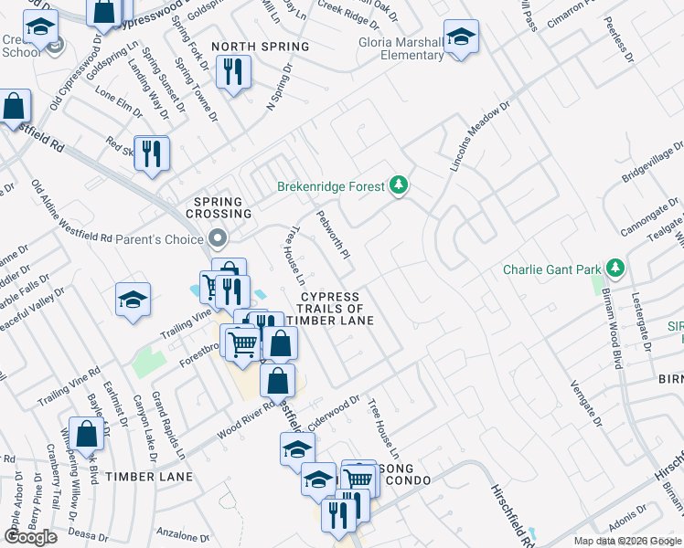 map of restaurants, bars, coffee shops, grocery stores, and more near 23426 Prairie Bird Drive in Spring