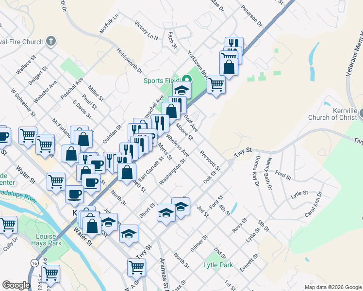 map of restaurants, bars, coffee shops, grocery stores, and more near 804 Wheless Avenue in Kerrville