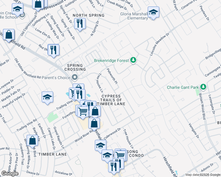 map of restaurants, bars, coffee shops, grocery stores, and more near 23426 Prairie Bird Drive in Spring