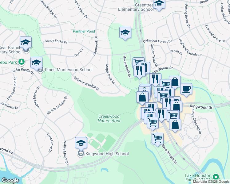 map of restaurants, bars, coffee shops, grocery stores, and more near 3402 Wildwood Ridge Court in Houston