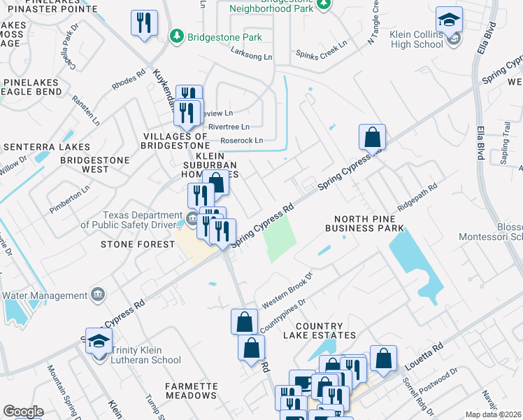 map of restaurants, bars, coffee shops, grocery stores, and more near 4603 Sanctuary Valley Lane in Spring