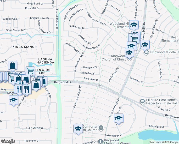map of restaurants, bars, coffee shops, grocery stores, and more near 2043 Lakeville Drive in Humble