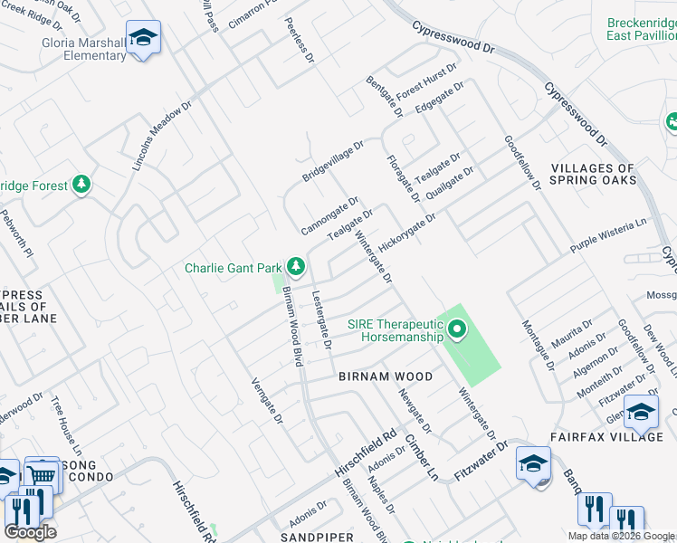 map of restaurants, bars, coffee shops, grocery stores, and more near 4431 Hickorygate Drive in Spring
