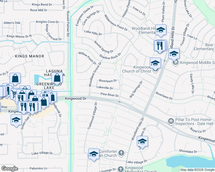 map of restaurants, bars, coffee shops, grocery stores, and more near 2043 Lakeville Drive in Humble