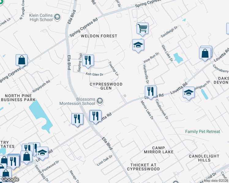 map of restaurants, bars, coffee shops, grocery stores, and more near 3607 Walnut Forest Lane in Spring
