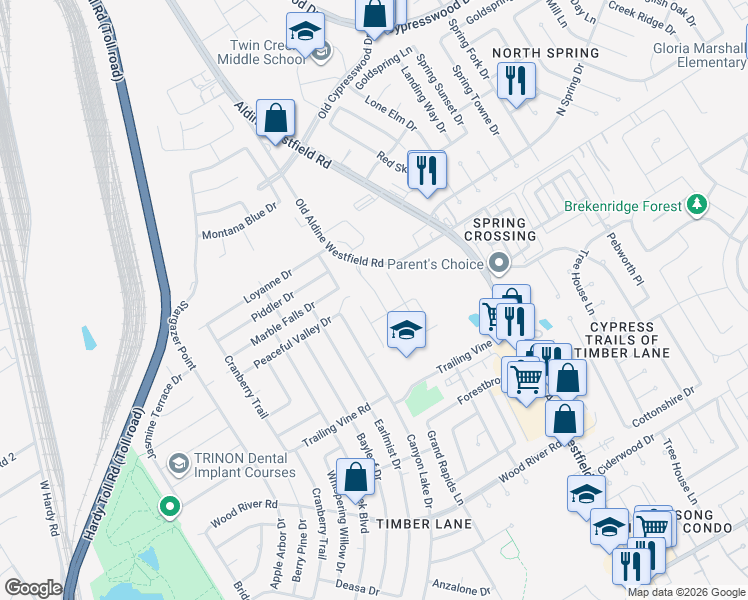 map of restaurants, bars, coffee shops, grocery stores, and more near 23611 Maple View Drive in Spring