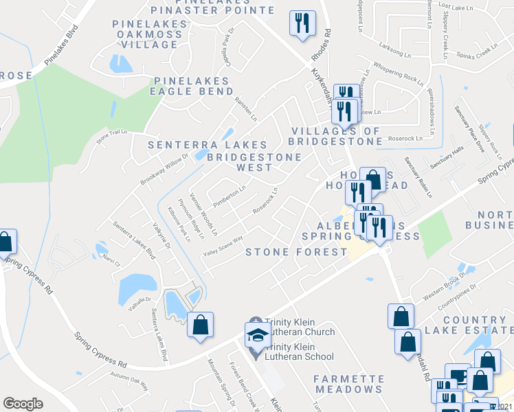 map of restaurants, bars, coffee shops, grocery stores, and more near 5502 Roserock Lane in Spring