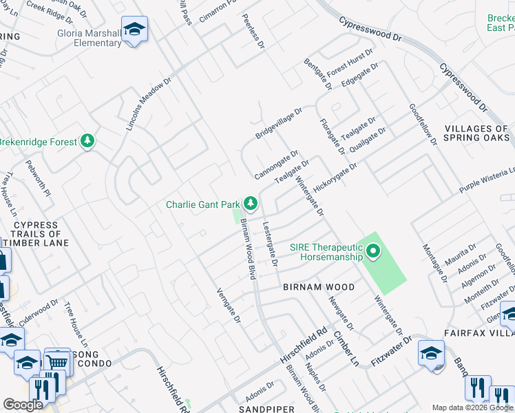 map of restaurants, bars, coffee shops, grocery stores, and more near 23823 Lestergate Drive in Spring
