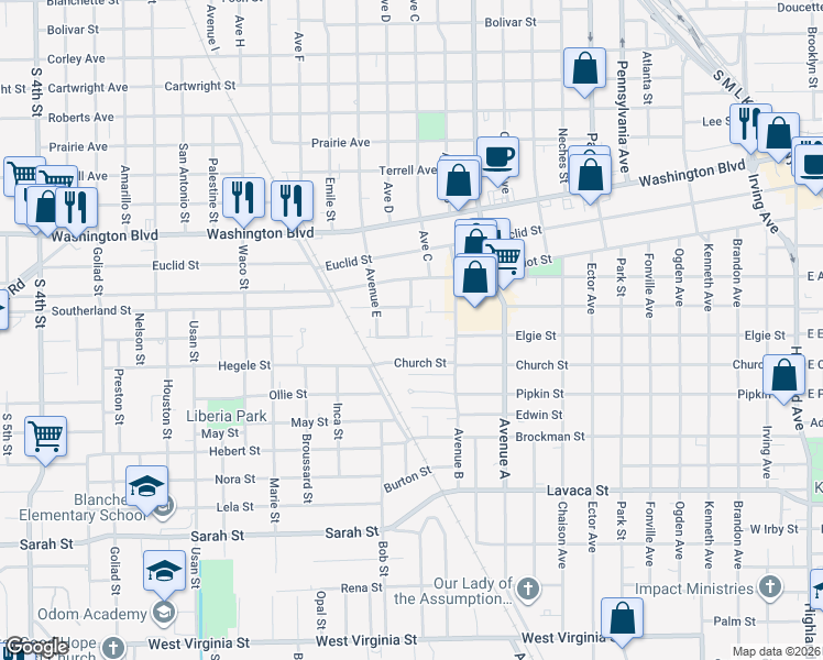 map of restaurants, bars, coffee shops, grocery stores, and more near 1630 Elgie St in Beaumont