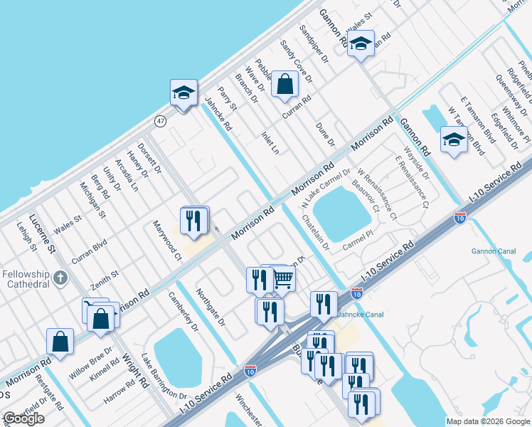 map of restaurants, bars, coffee shops, grocery stores, and more near 12200 Morrison Road in New Orleans