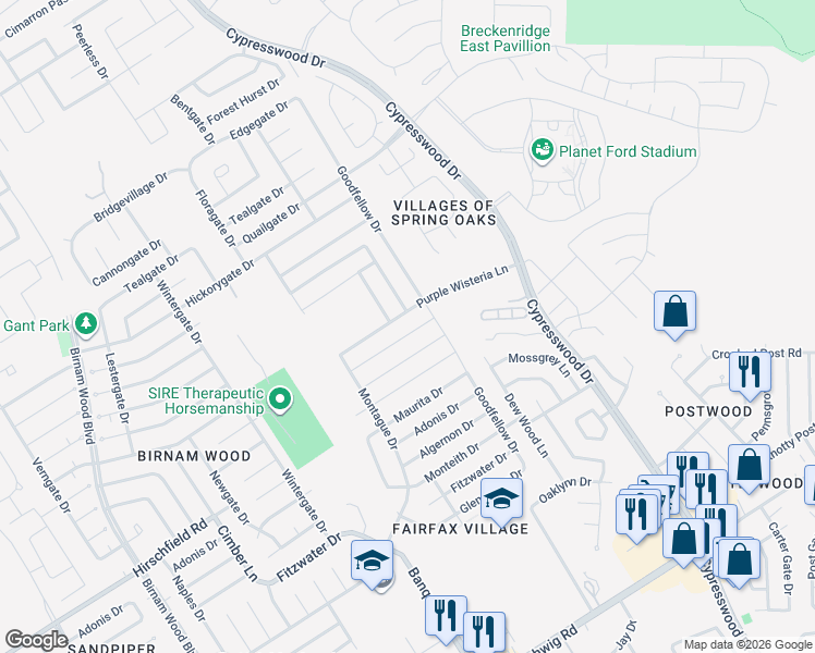 map of restaurants, bars, coffee shops, grocery stores, and more near 5014 Purple Wisteria Lane in Spring