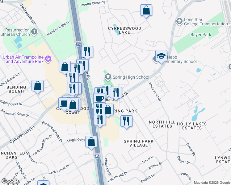 map of restaurants, bars, coffee shops, grocery stores, and more near 325 East Cypresswood Drive in Spring