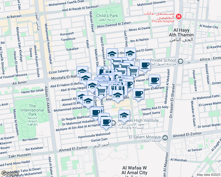 map of restaurants, bars, coffee shops, grocery stores, and more near Makram Ebeid in Nasr City