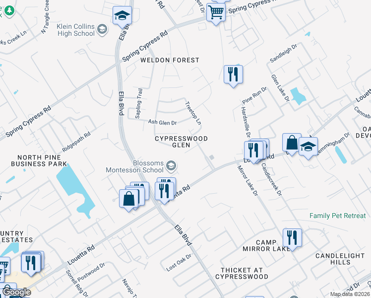 map of restaurants, bars, coffee shops, grocery stores, and more near 3626 Walnut Forest Lane in Spring