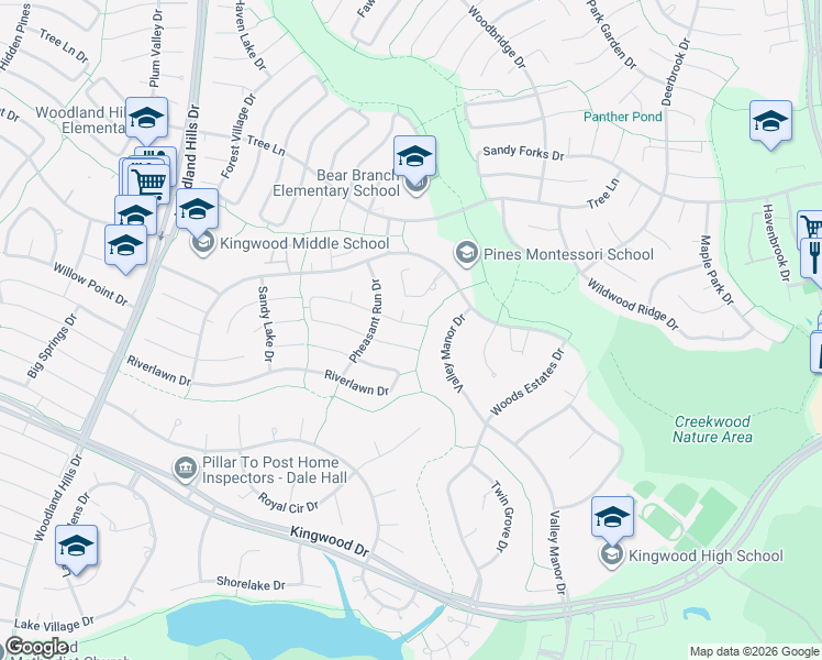 map of restaurants, bars, coffee shops, grocery stores, and more near 3318 Redwood Lodge Drive in Humble