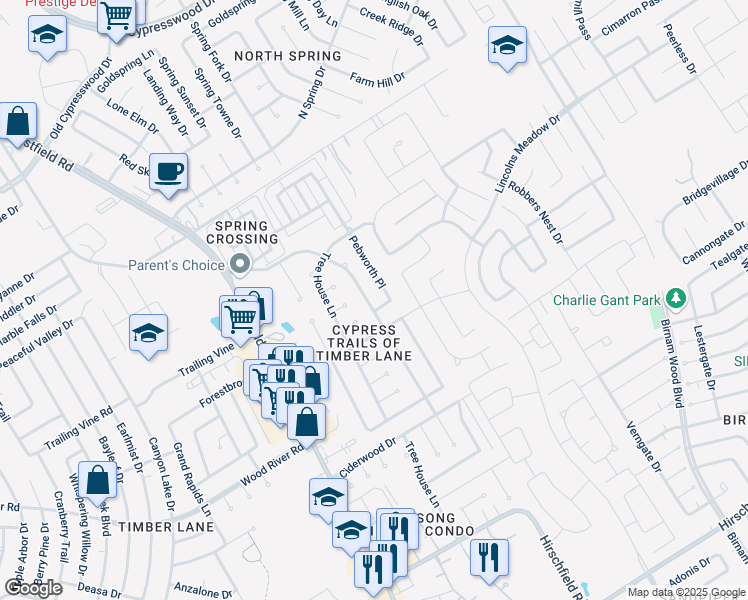 map of restaurants, bars, coffee shops, grocery stores, and more near 23426 Prairie Bird Drive in Spring
