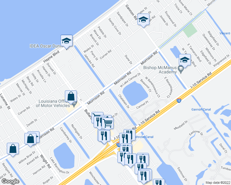 map of restaurants, bars, coffee shops, grocery stores, and more near 110 Chatelain Court in New Orleans